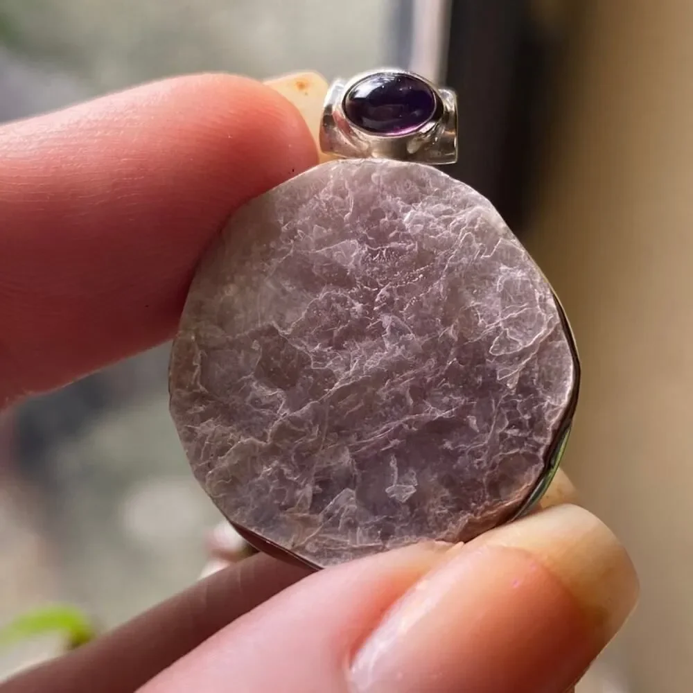 Flashy Lepidolite Mica & Amethyst Sterling Silver Pendant
